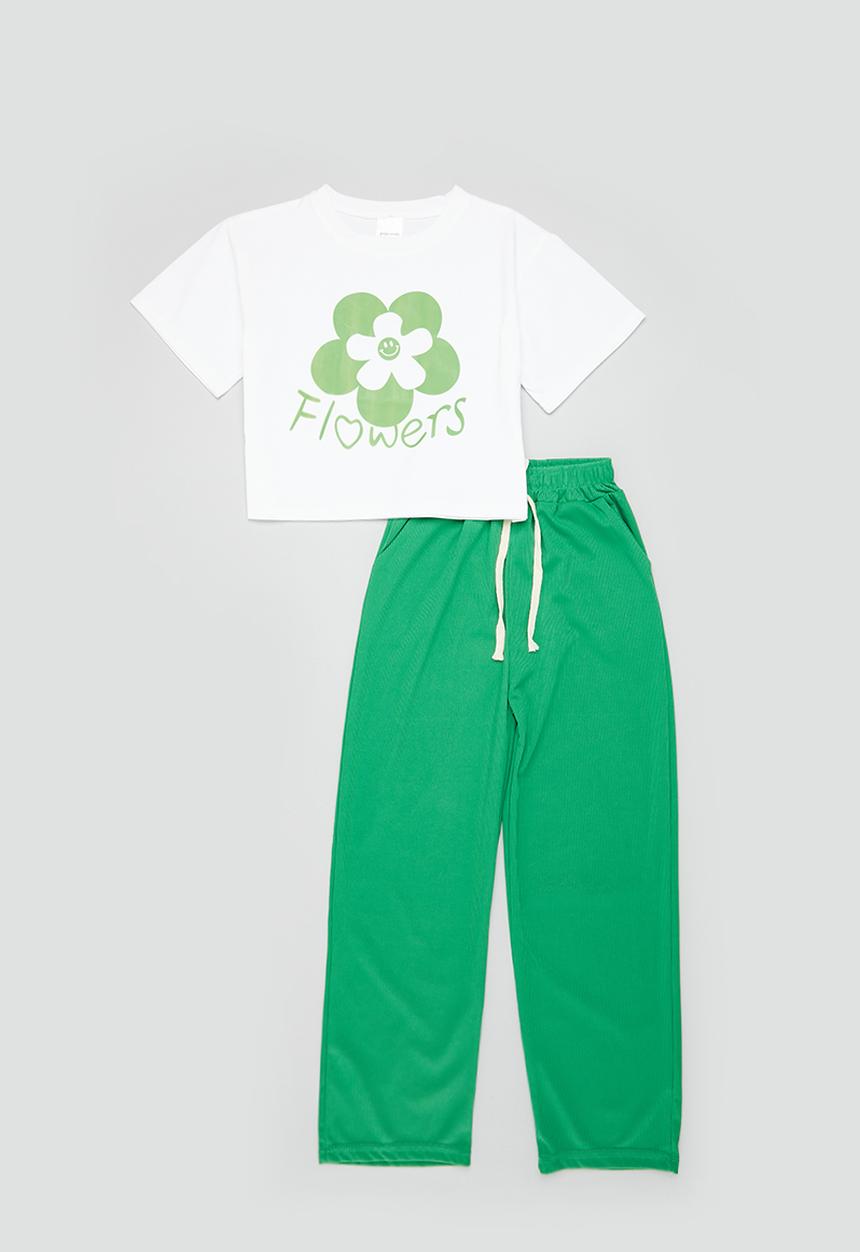 Pop Candy - Wide leg trousers and tee set - green & white