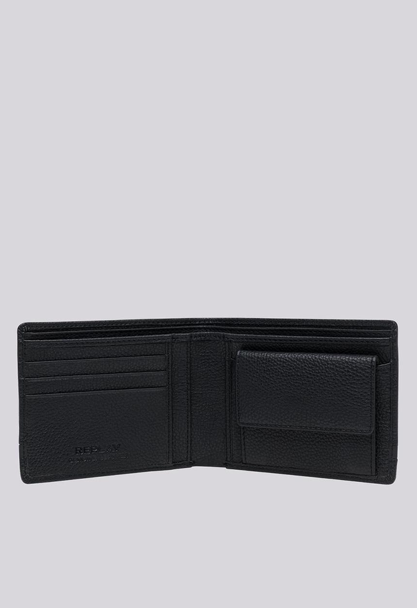 Replay - Matt hammered leather trifold wallet - black