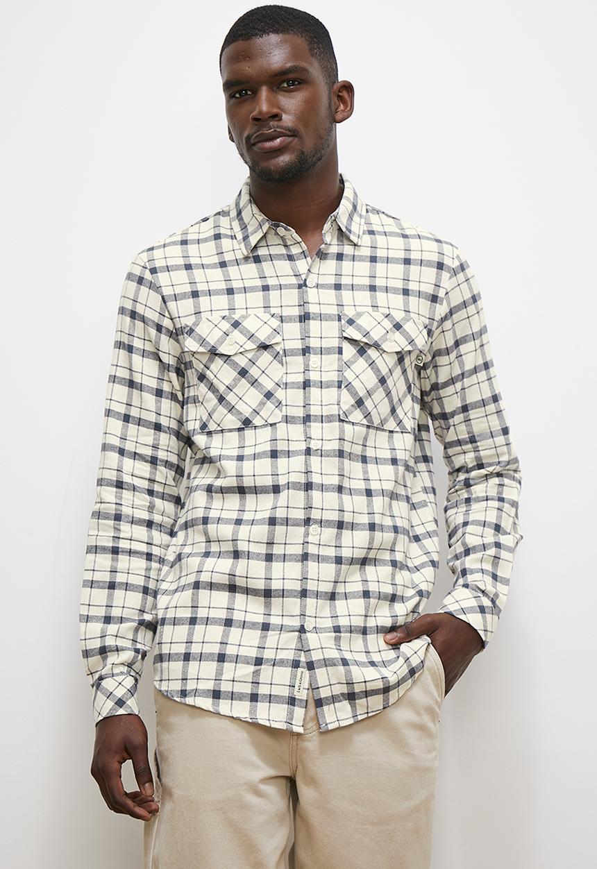 Lark & Crosse - Pocket detail long sleeve check shirt - white & navy 