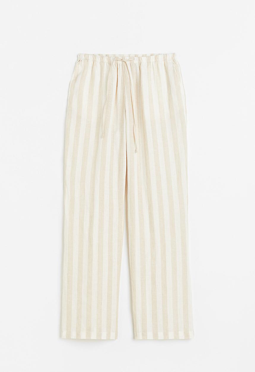 H&M - Wide linen-blend trousers - light beige/striped 