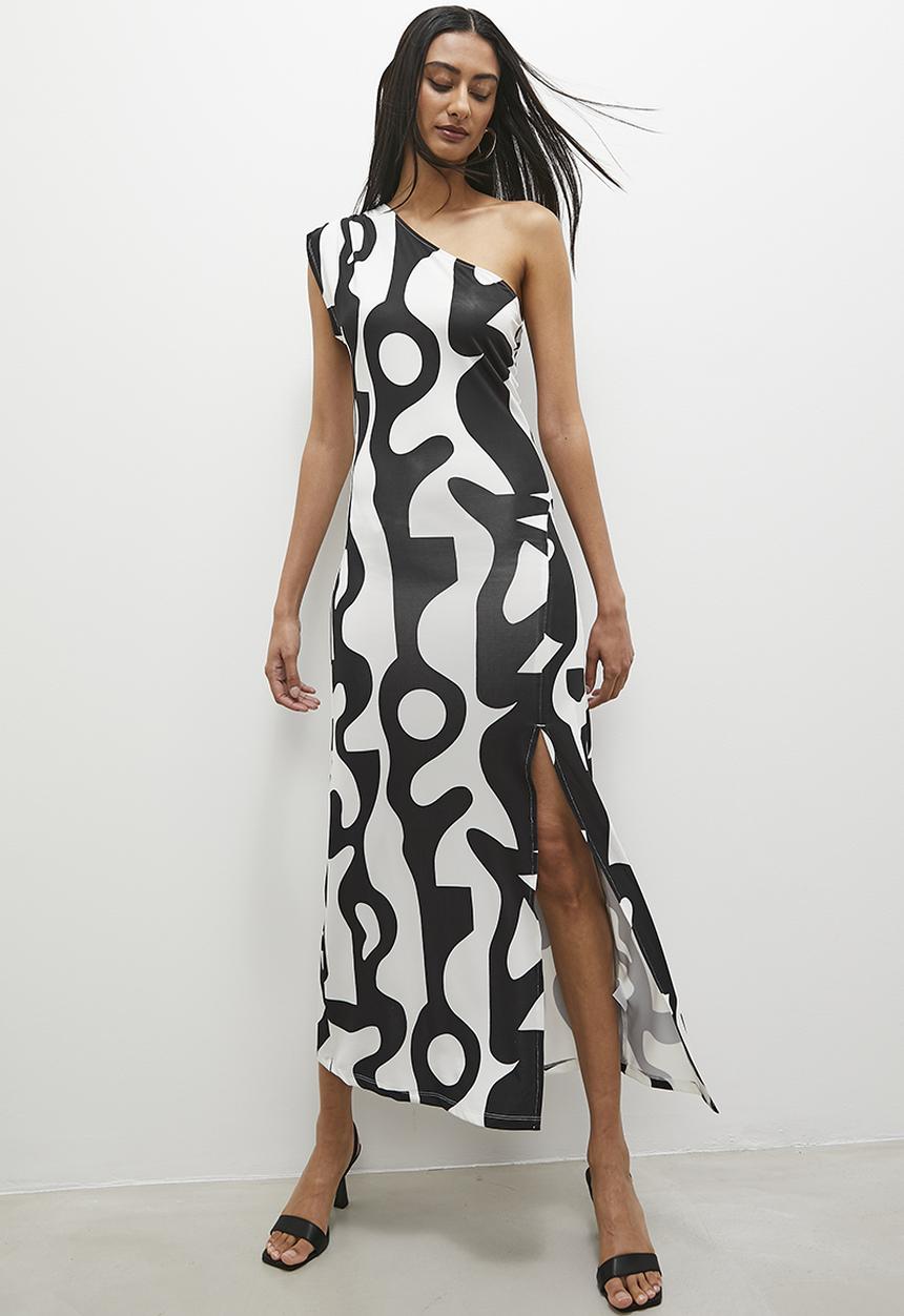 Superbalist - Asym maxi dress with slit - white & black 