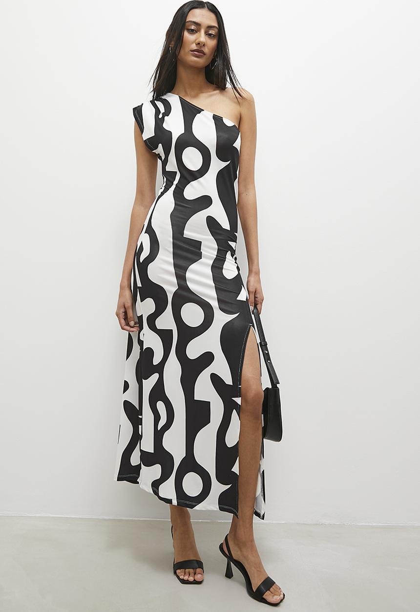 Superbalist - Asym maxi dress with slit - white & black 
