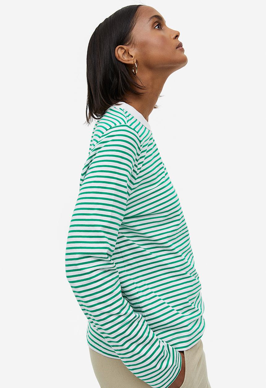 H&M - Cotton jersey top - white/green striped