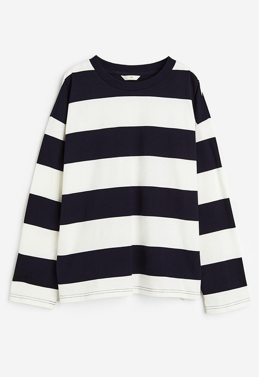 H&M - Oversized jersey top - white/navy blue striped 