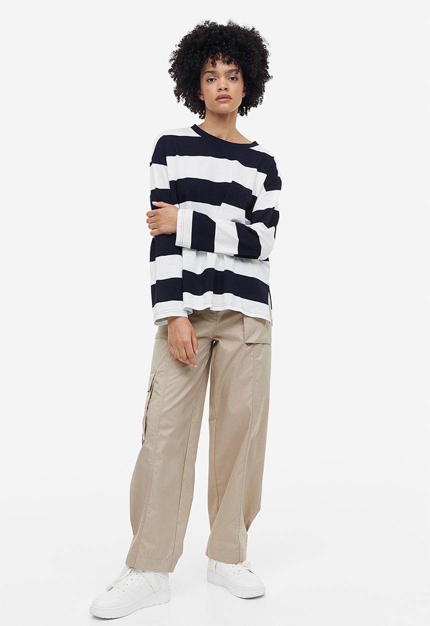 H&M - Oversized jersey top - white/navy blue striped 