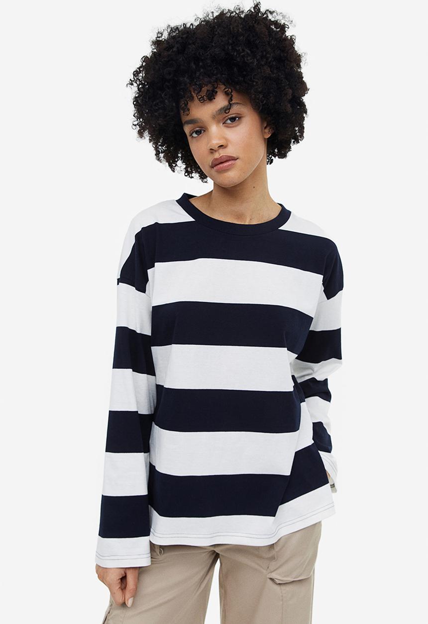 H&M - Oversized jersey top - white/navy blue striped 