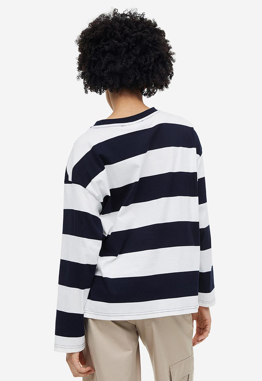 H&M - Oversized jersey top - white/navy blue striped 