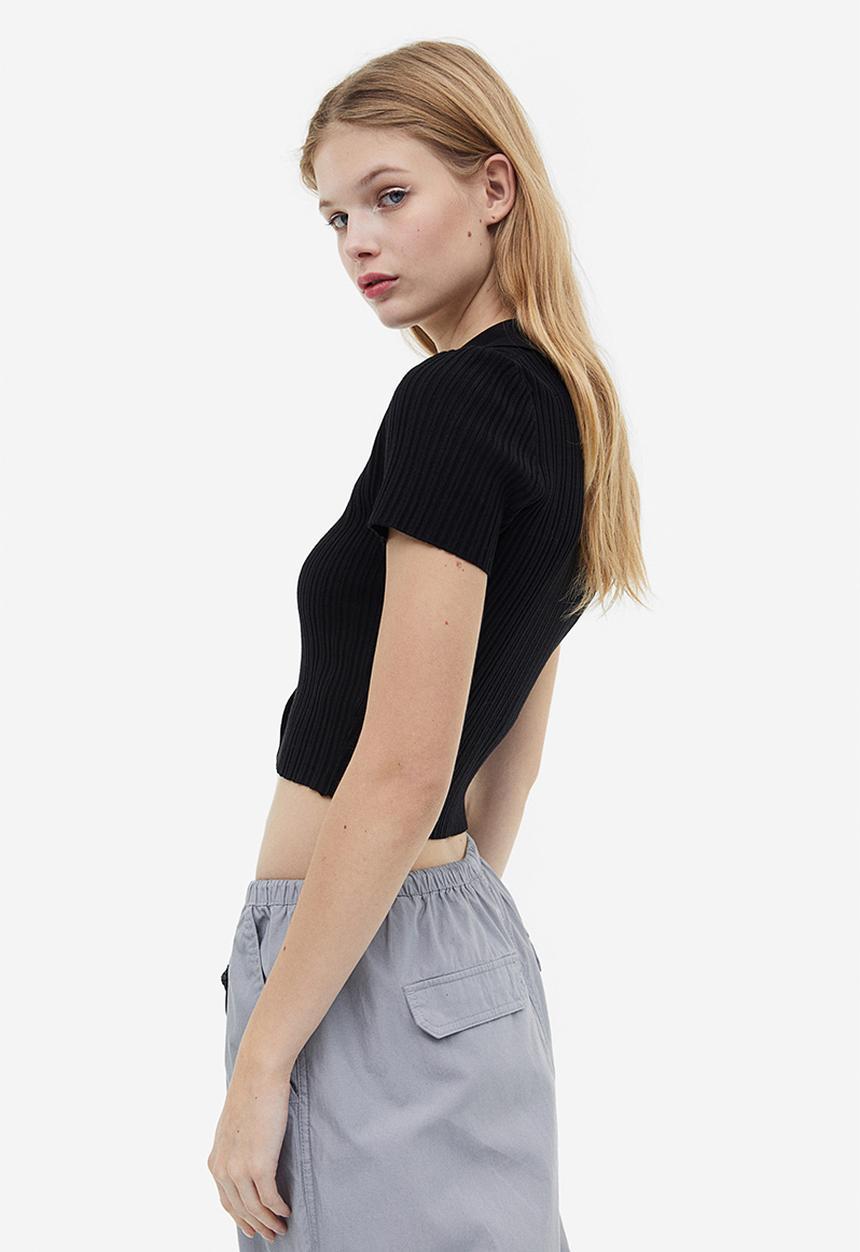 H&M - Collared rib-knit top - black