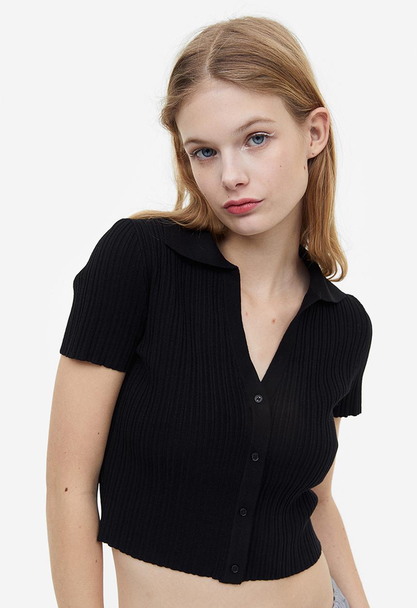 H&M - Collared rib-knit top - black