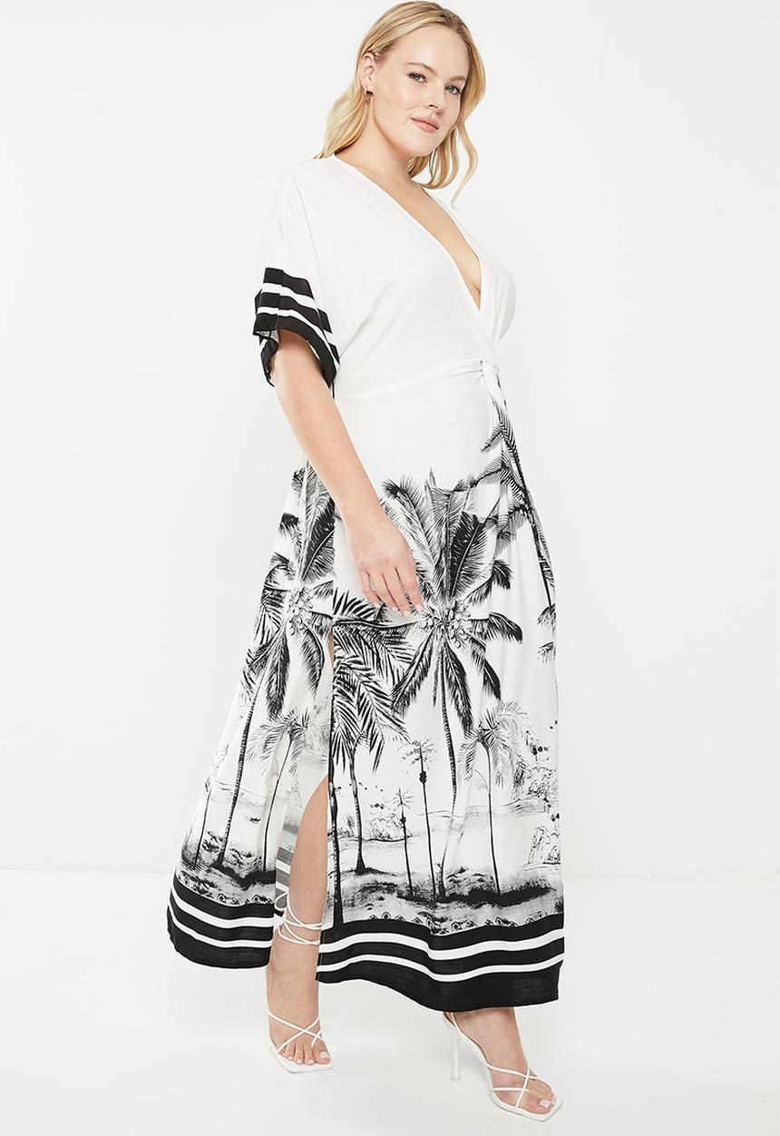 Me&B - Plus knot detail kaftan dress - white & black