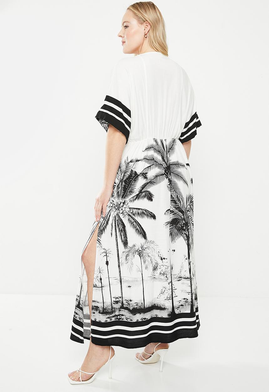Me&B - Plus knot detail kaftan dress - white & black