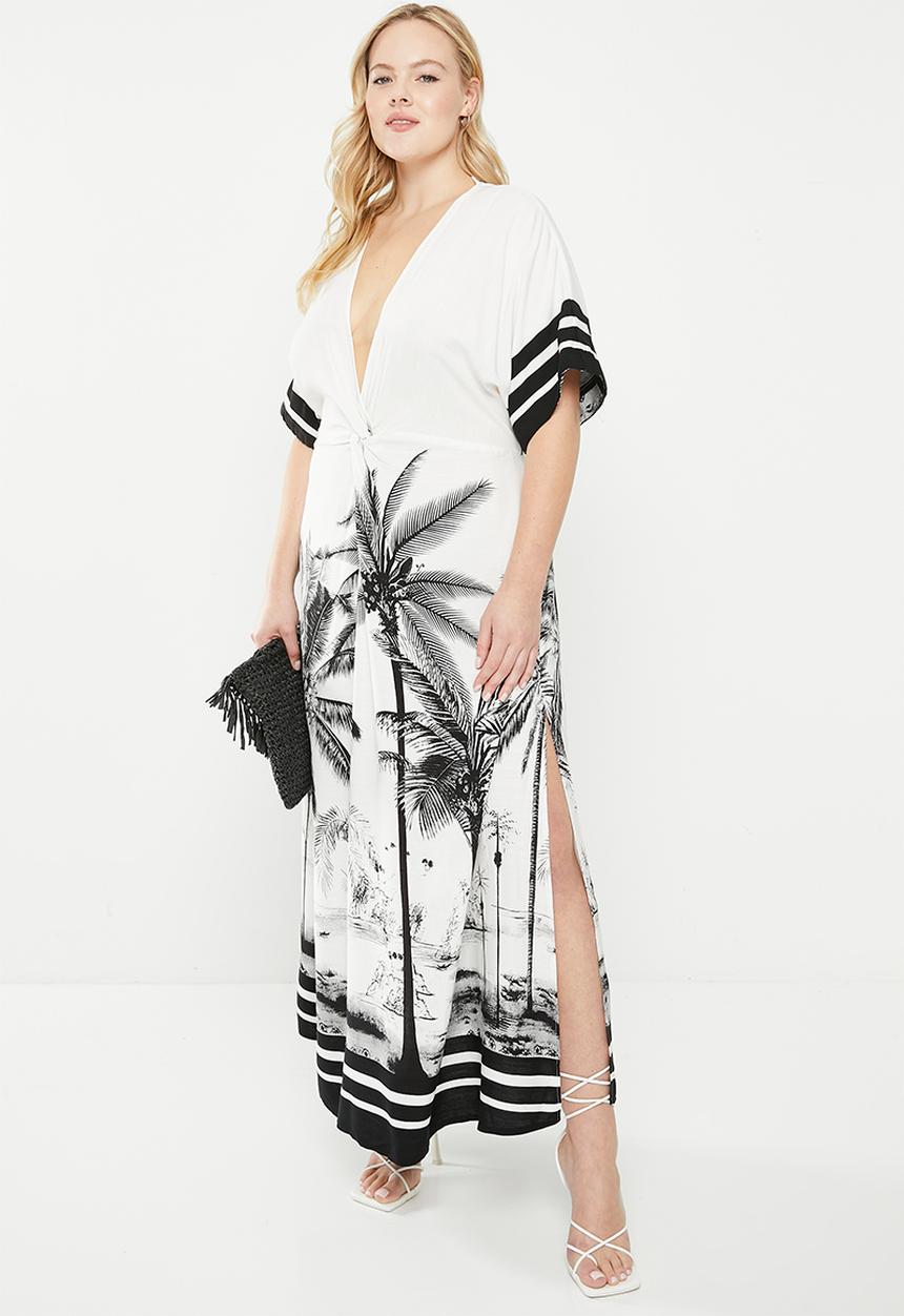 Me&B - Plus knot detail kaftan dress - white & black