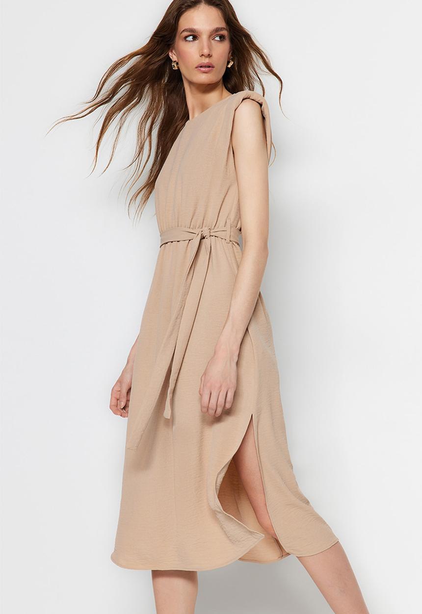 Trendyol - Sleeveless skater midi dress - stone