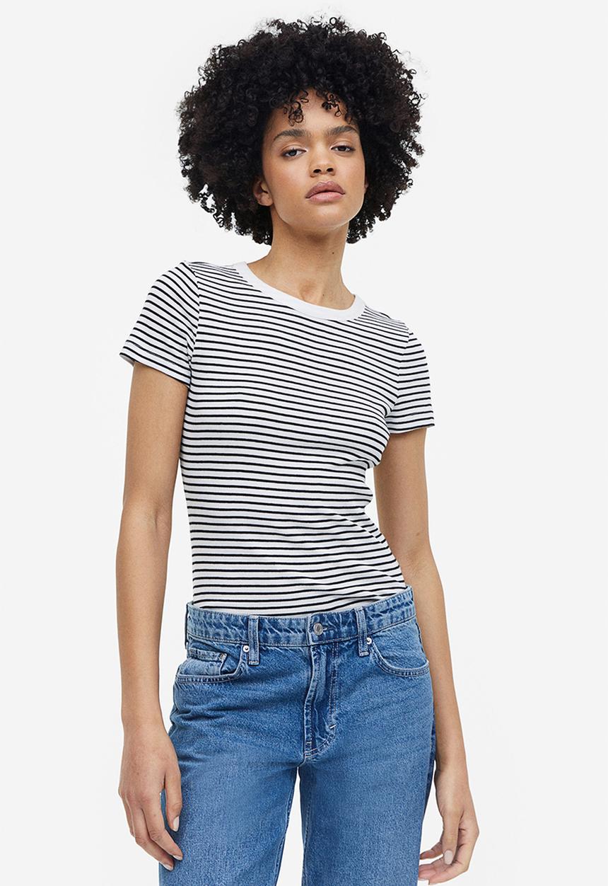 H&M - Ribbed modal-blend T-shirt - white & black 