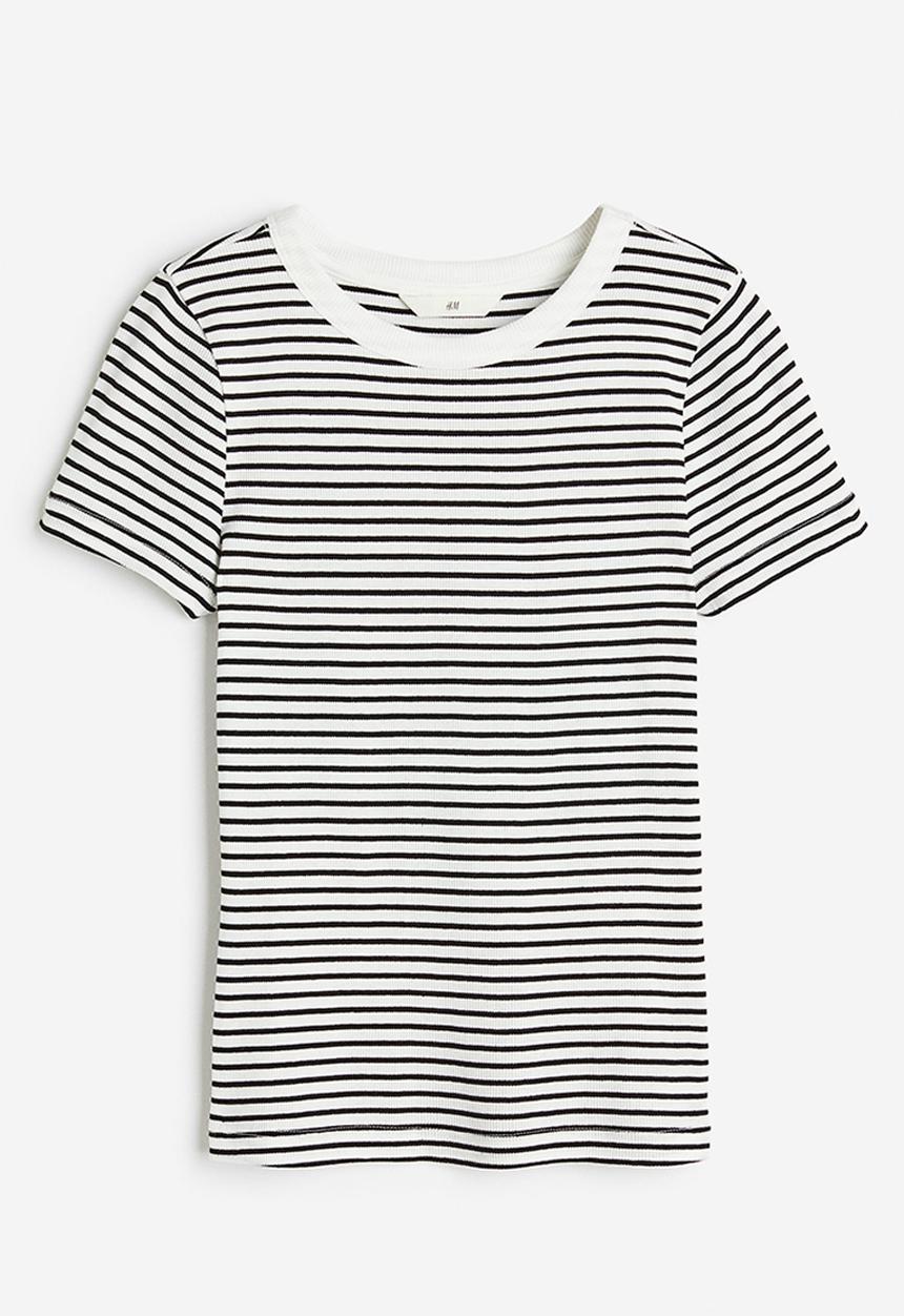 H&M - Ribbed modal-blend T-shirt - white & black 
