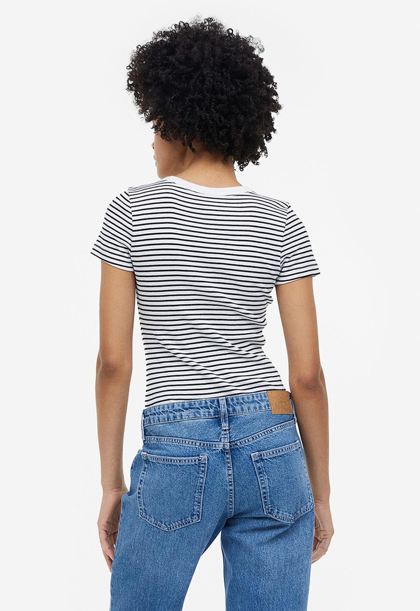 H&M - Ribbed modal-blend T-shirt - white & black 
