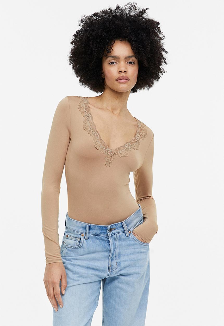 H&M - Lace-trimmed body - beige
