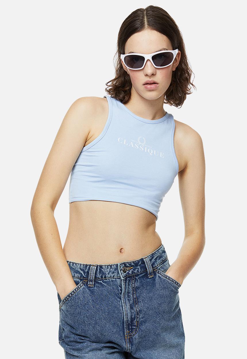 H&M - Cropped cotton vest top - light blue/classique