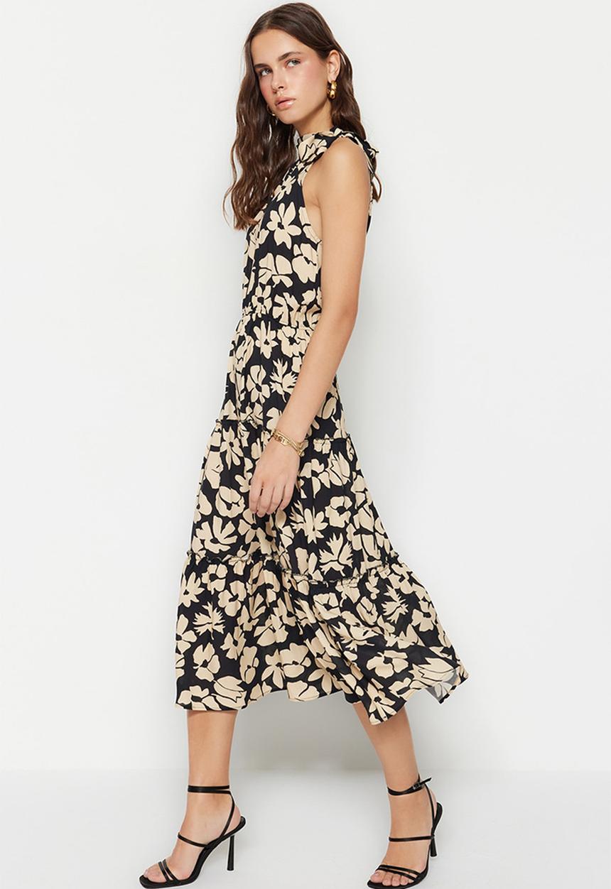 Trendyol - Floral halter tiered dress - black