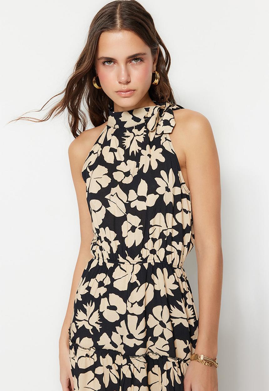Trendyol - Floral halter tiered dress - black