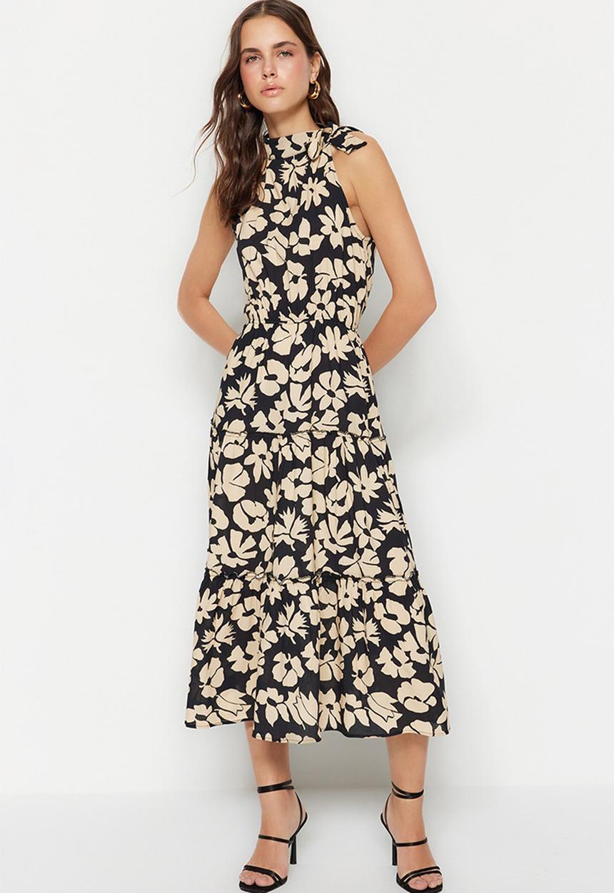 Trendyol - Floral halter tiered dress - black