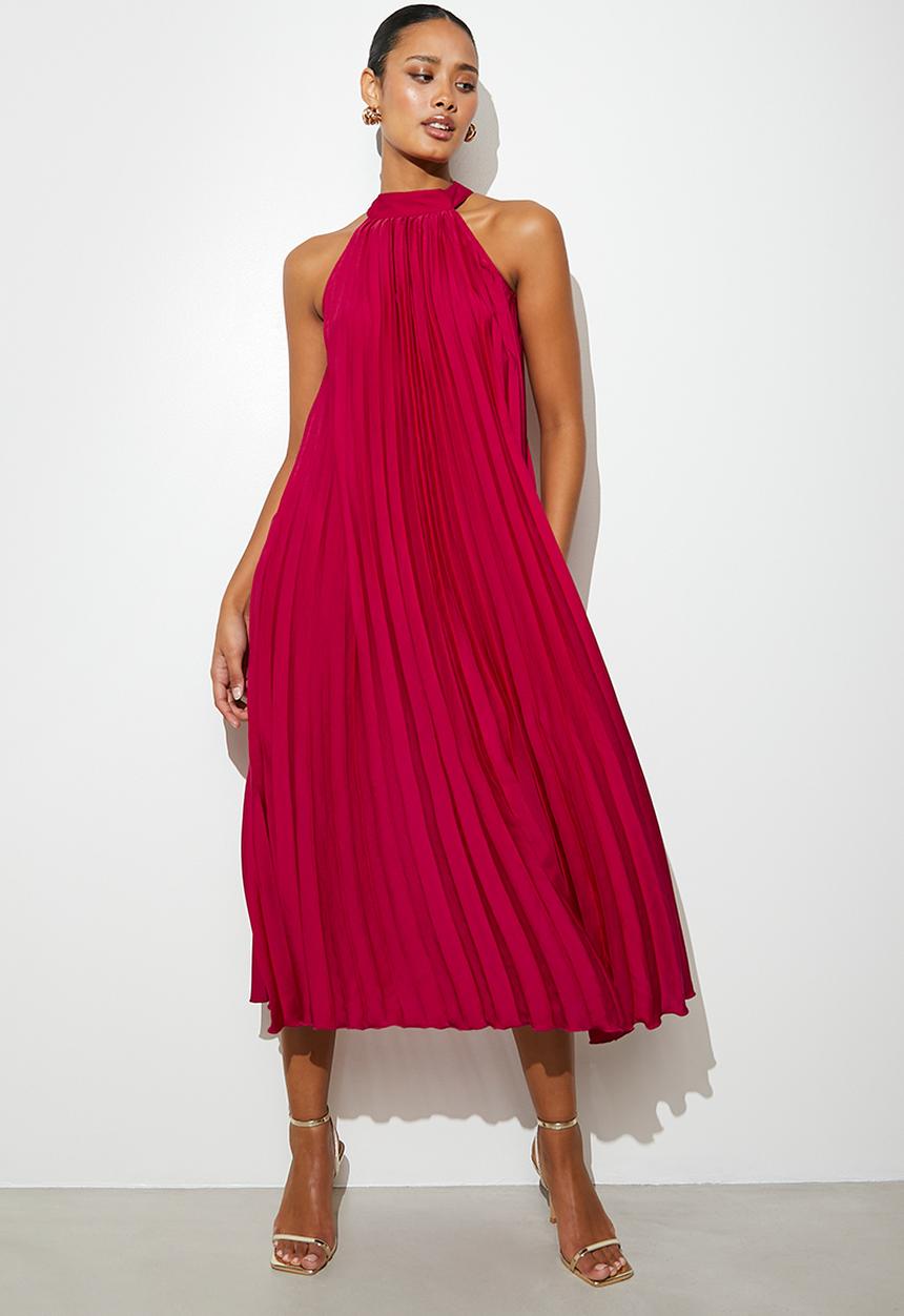 VELVET - Pleated halter maxi dress - red