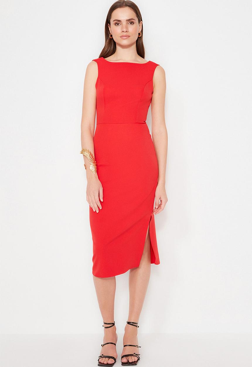 Trendyol - Boat neck sleeveless midi  dress - red