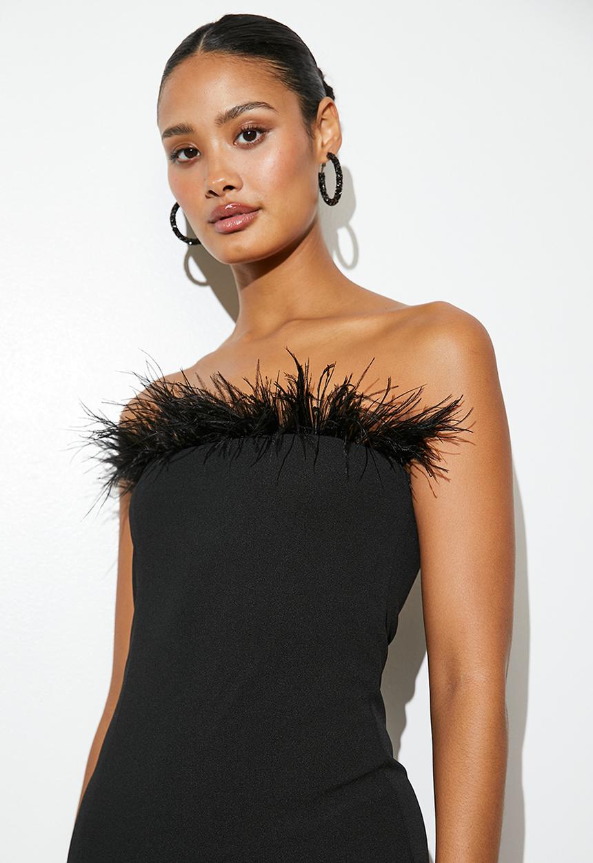 VELVET - Feather trim bandeau midi - black