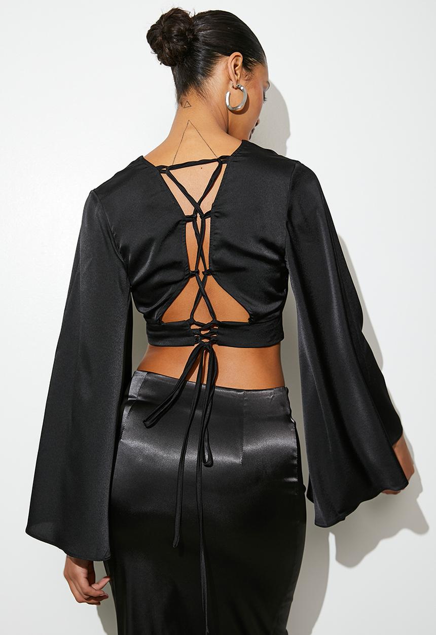 VELVET - Laceup v-neck shell - black