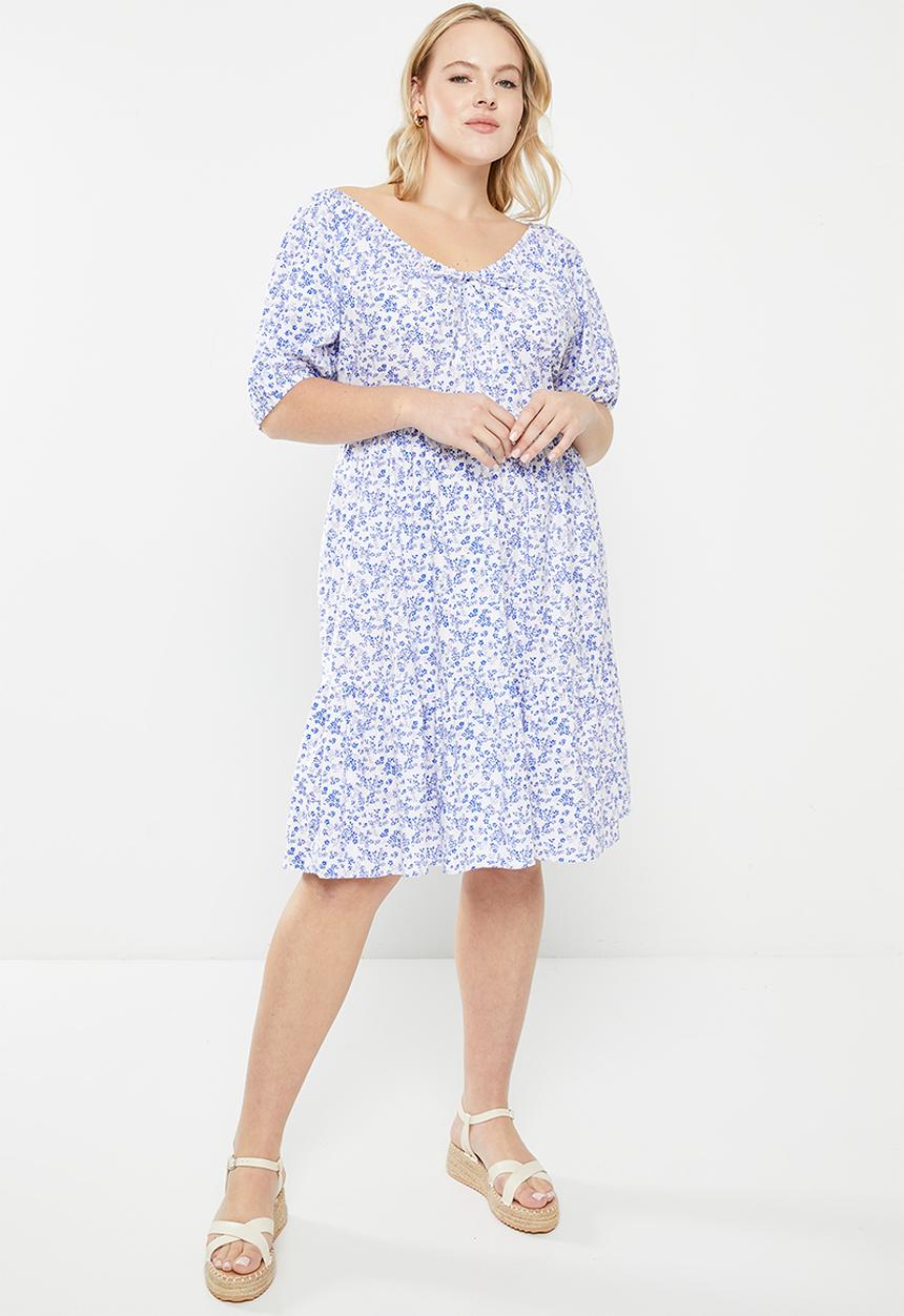 Trendyol - Plus floral balloon sleeve dress - blue
