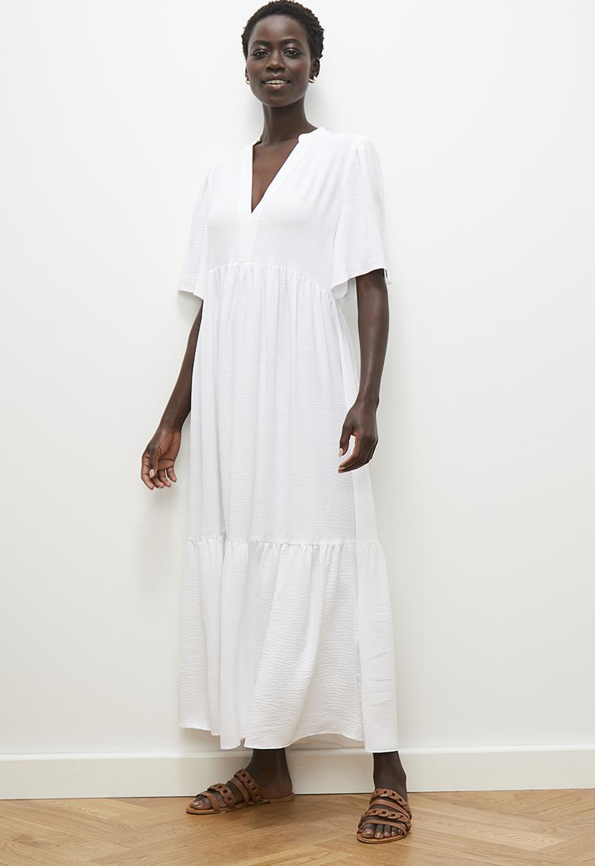 edit - Mandarin collar tiered maxi dress - ivory