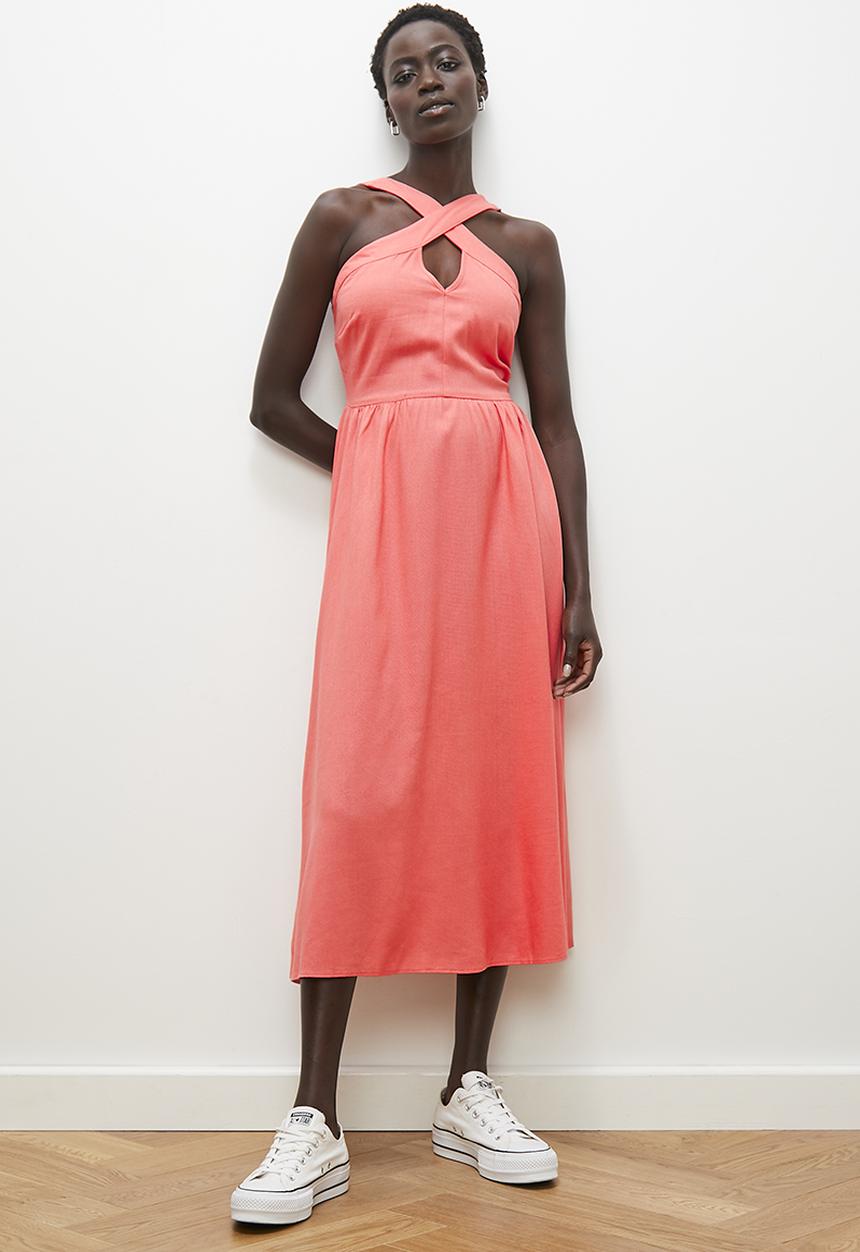 edit - Cross over linen halter midi dress - sugar coral