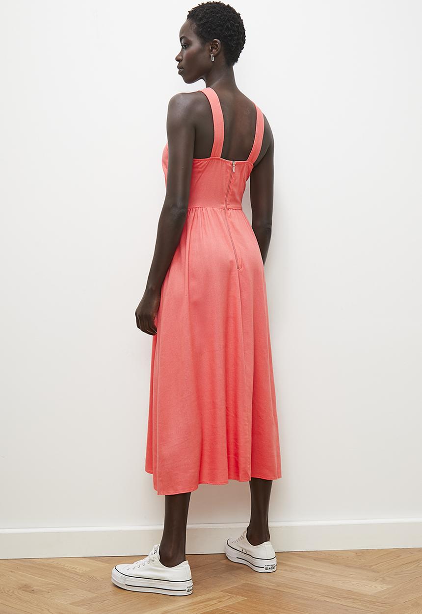 edit - Cross over linen halter midi dress - sugar coral