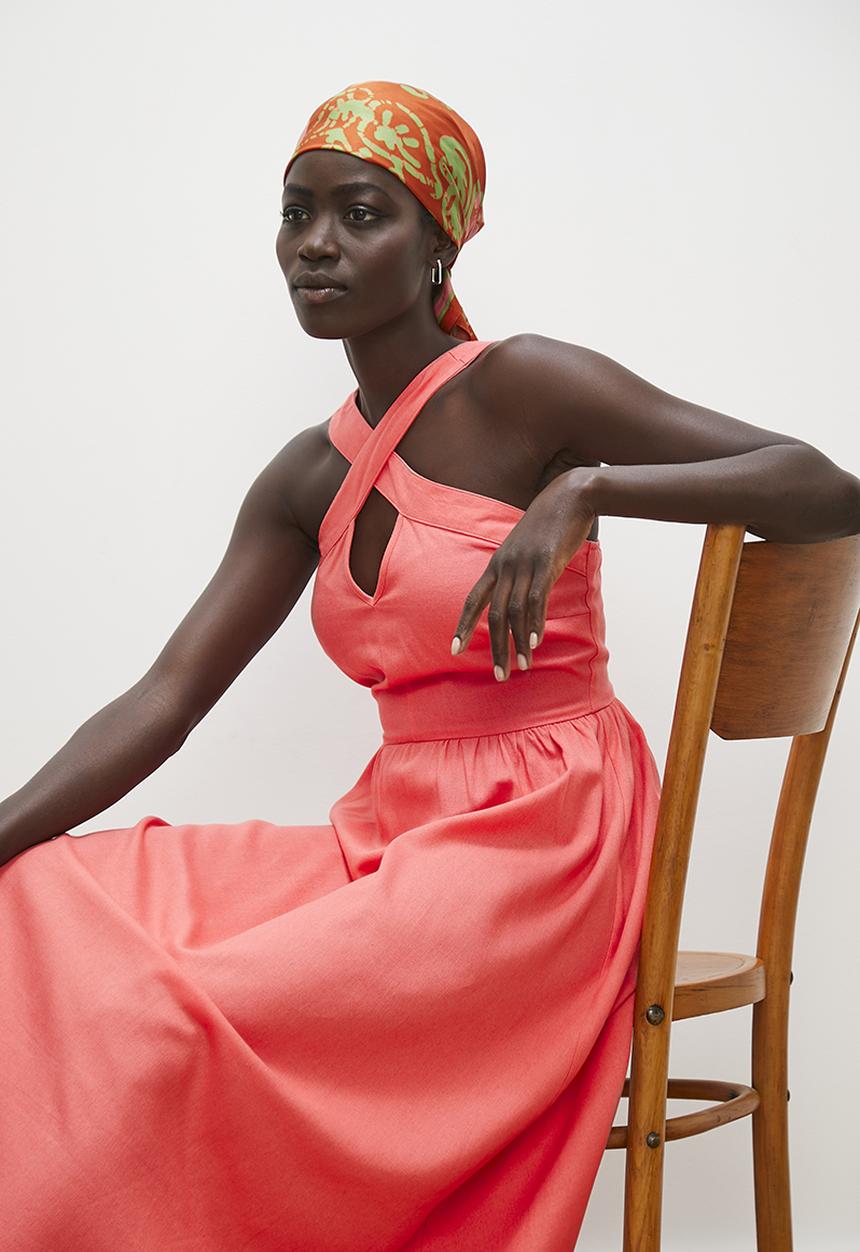 edit - Cross over linen halter midi dress - sugar coral
