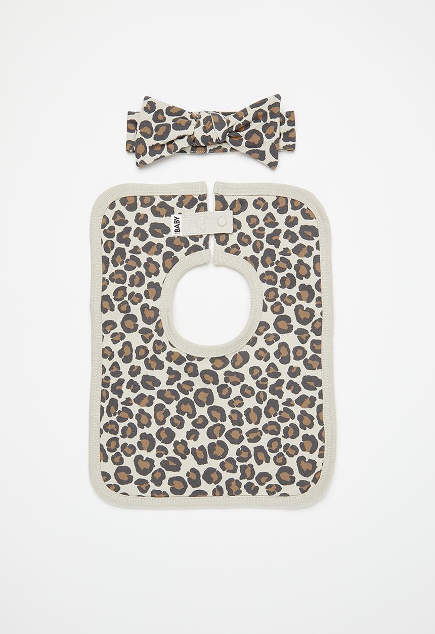 Cotton On - Bundle square bib and bow tie headband - rainy day / leo leopard
