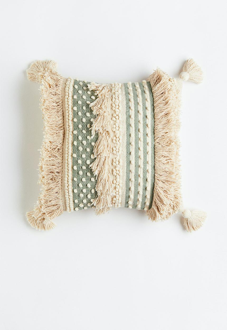 H&M - Tasselled wool-blend cushion cover - light beige/patterned 