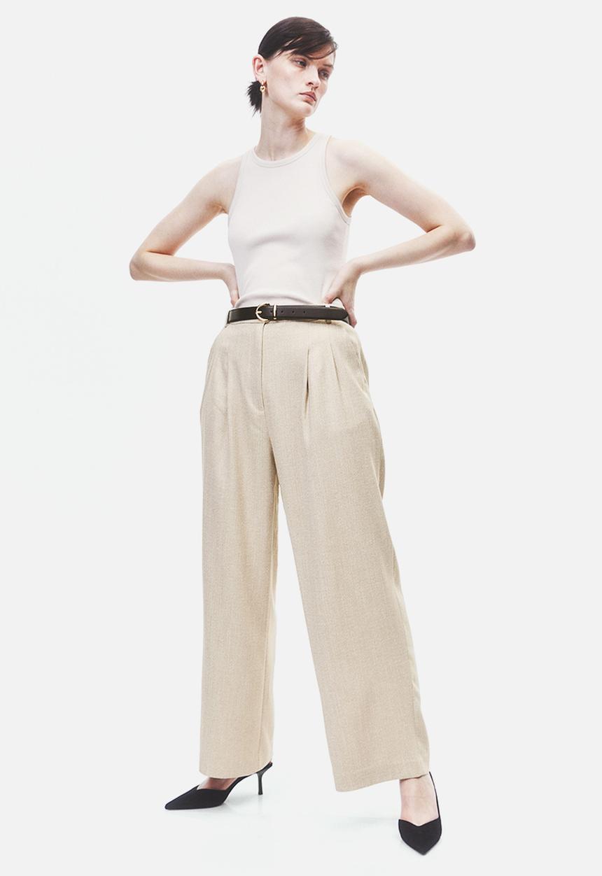 H&M - Wide trousers - beige/herringbone-patterned