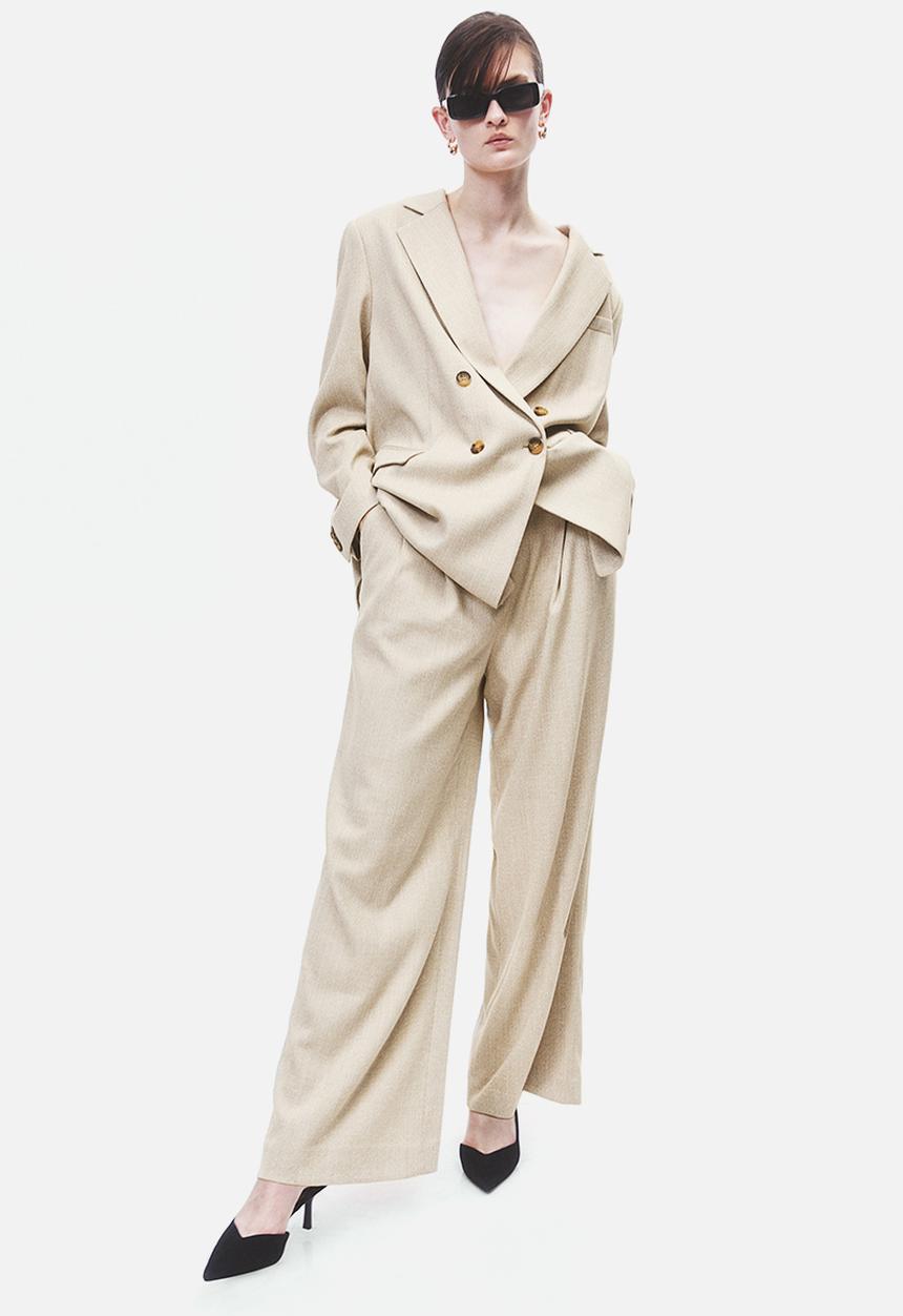 H&M - Wide trousers - beige/herringbone-patterned