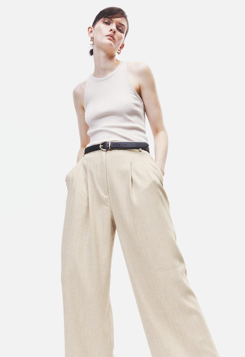H&M - Wide trousers - beige/herringbone-patterned