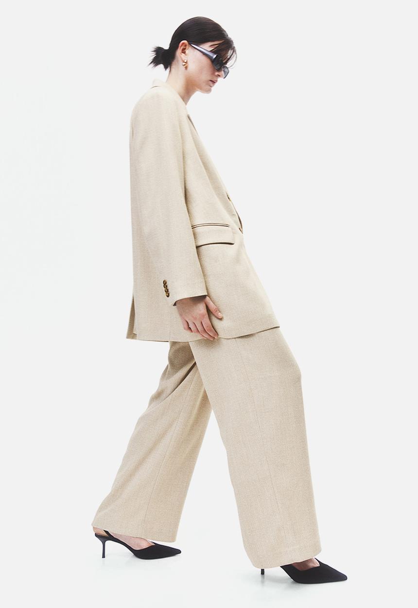 H&M - Wide trousers - beige/herringbone-patterned