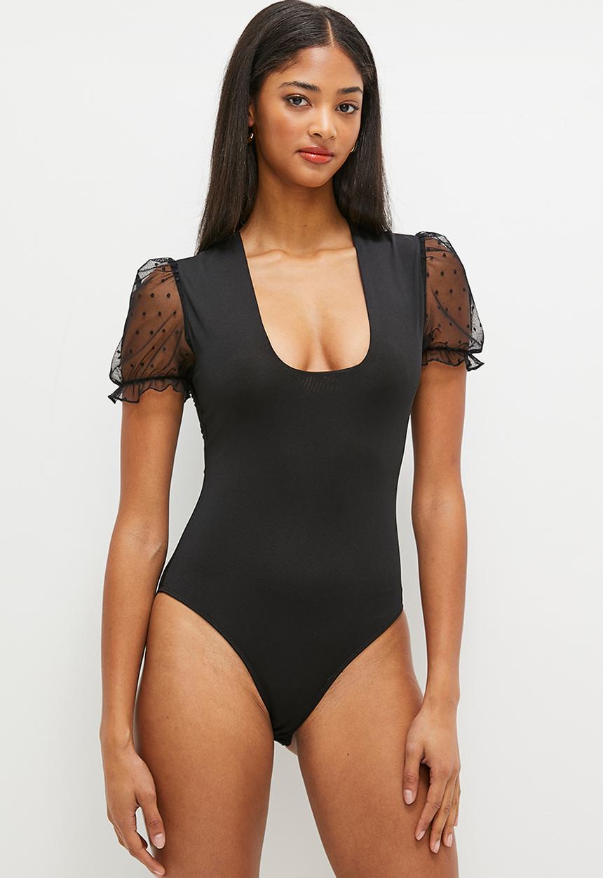MILLA - Mesh inset sleeve bodysuit - black