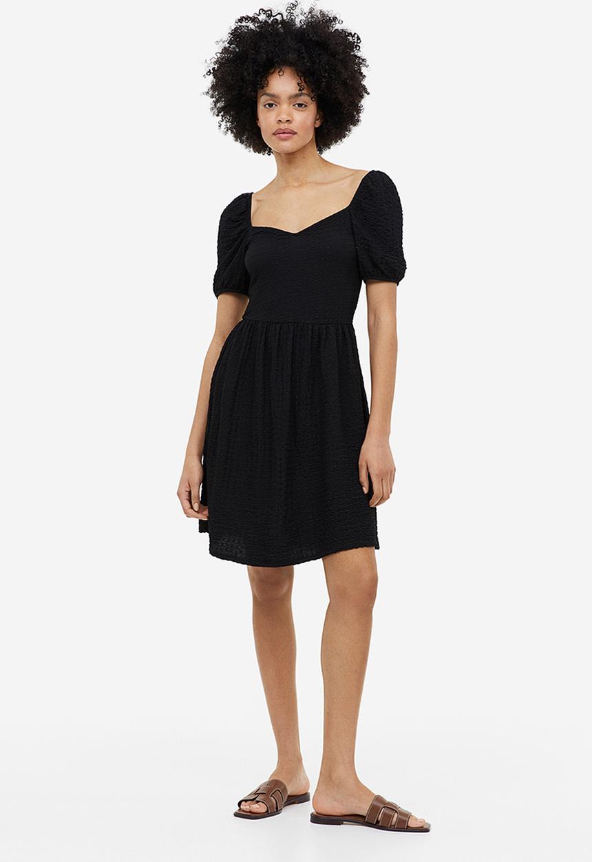 H&M - Puff-sleeved textured jersey dress - black