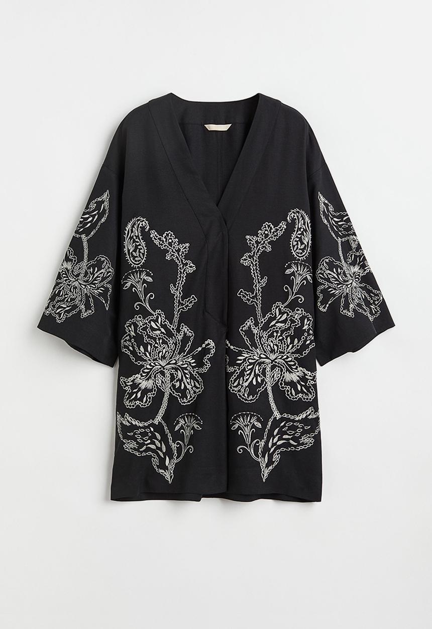 H&M - Short embroidered kaftan dress - black/paisley-patterned