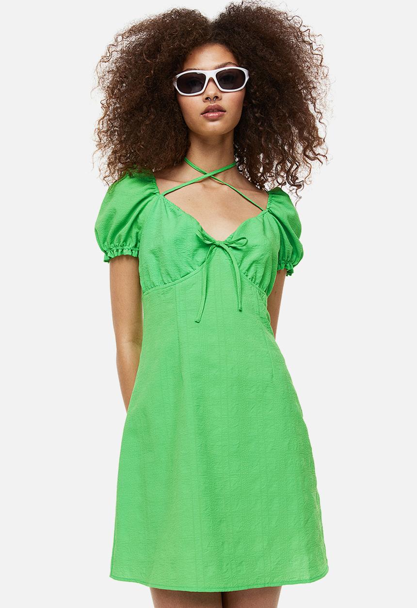 H&M - Puff-sleeved crêpe dress - green