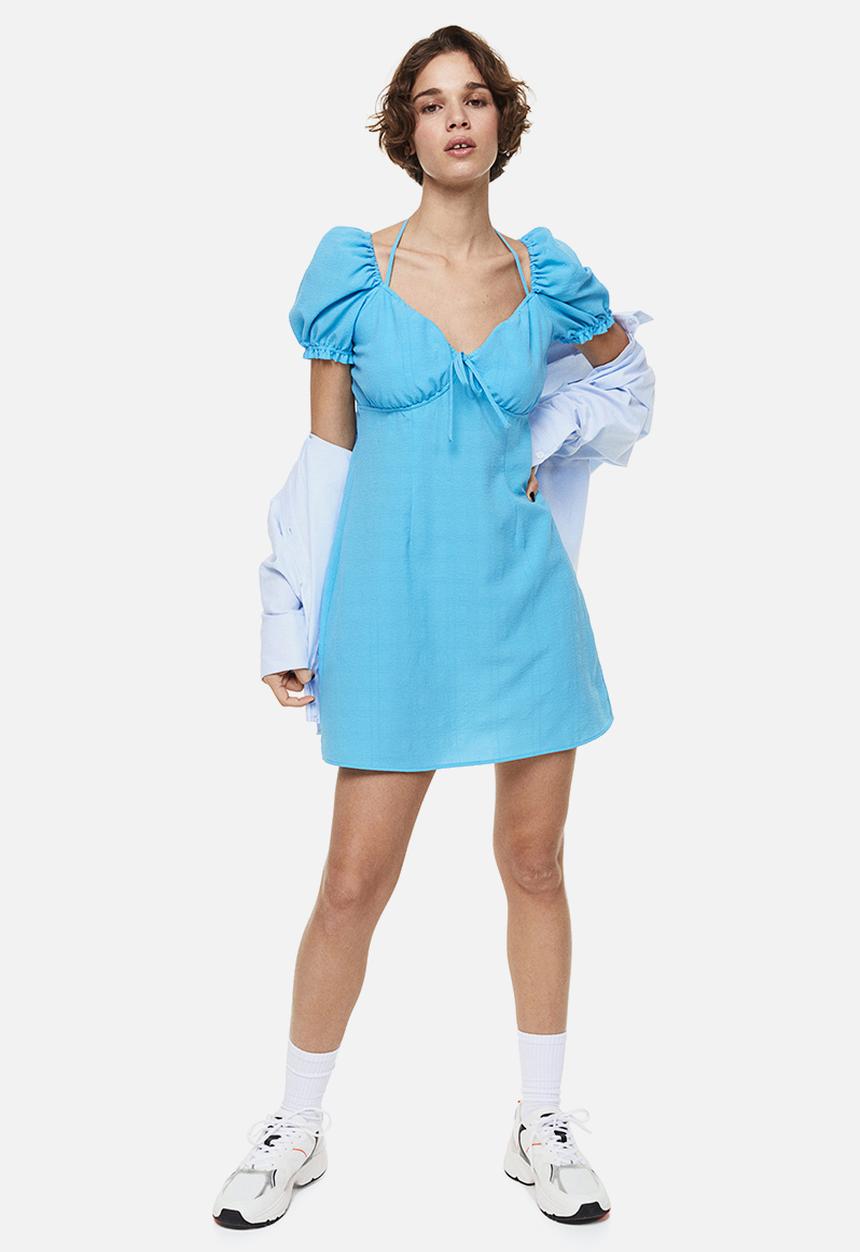 H&M - Puff-sleeved crêpe dress - blue