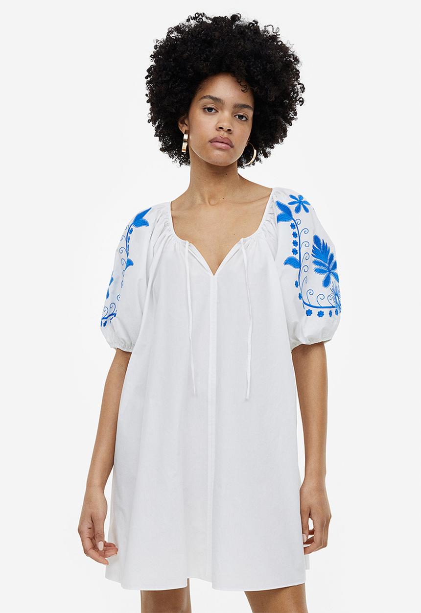 H&M - Embroidered poplin dress - white 