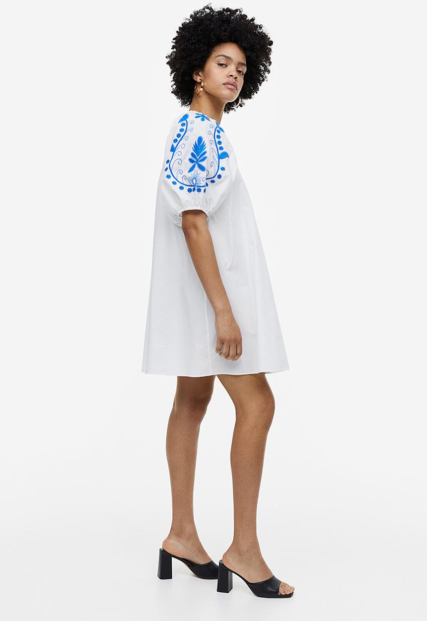 H&M - Embroidered poplin dress - white 