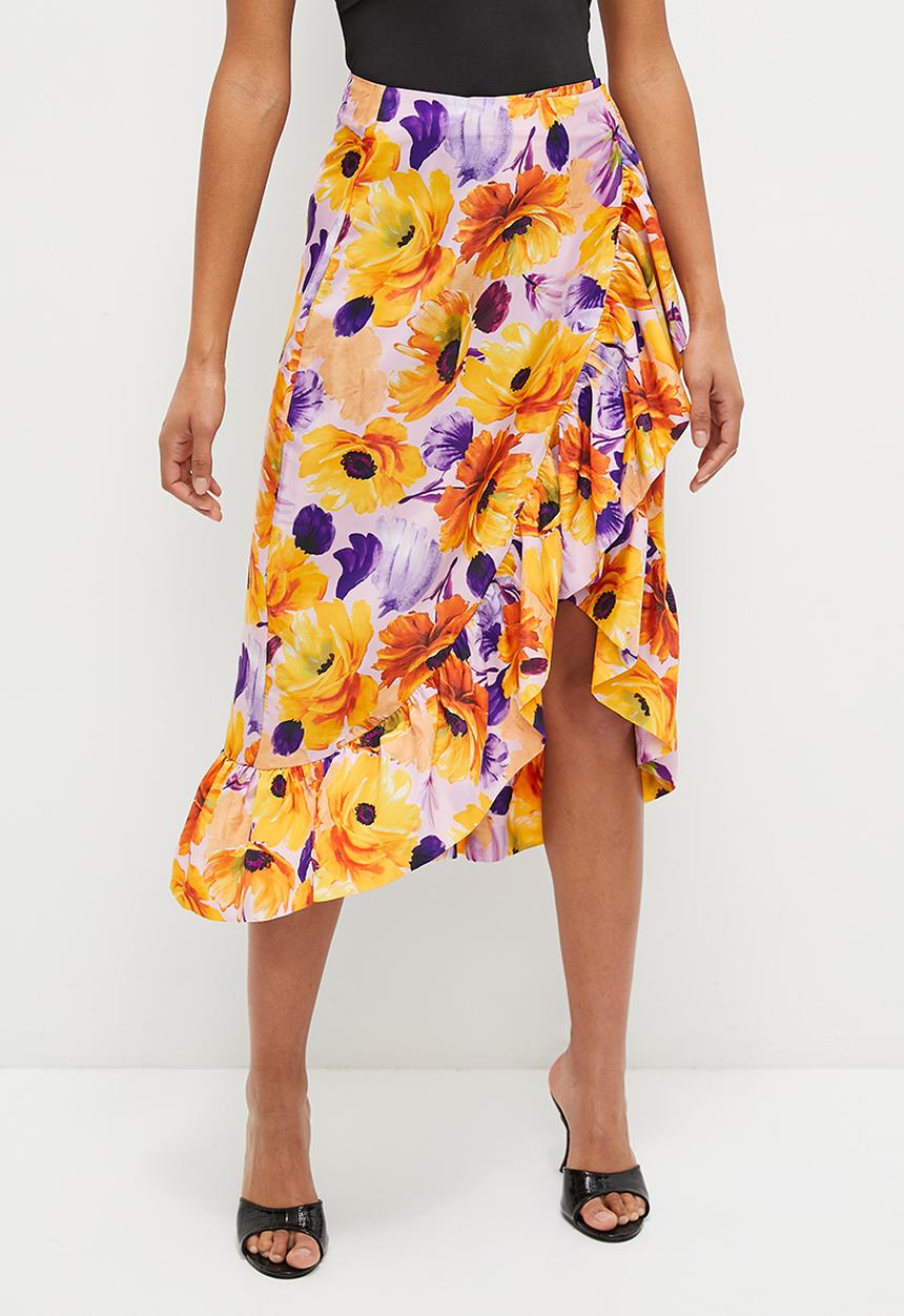 MILLA - Ruffle detail column skirt - orange floral