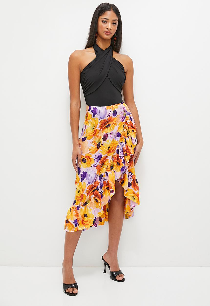 MILLA - Ruffle detail column skirt - orange floral