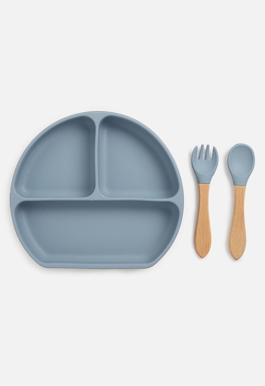 Sixth Floor - Silicone Baby Suction Plate with Spoon and Fork - Frost